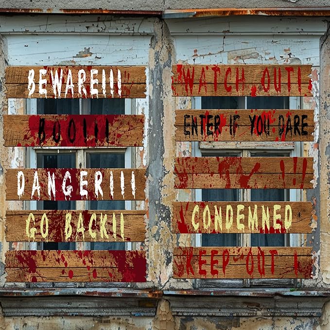 10 pcs Halloween Haunted Window Boards, 27''x 4.7'' Scary Window Warning Signs, Waterproof Bloody Beware Door Board Signs for Outdoor Halloween House Decoration Horror Themed Party