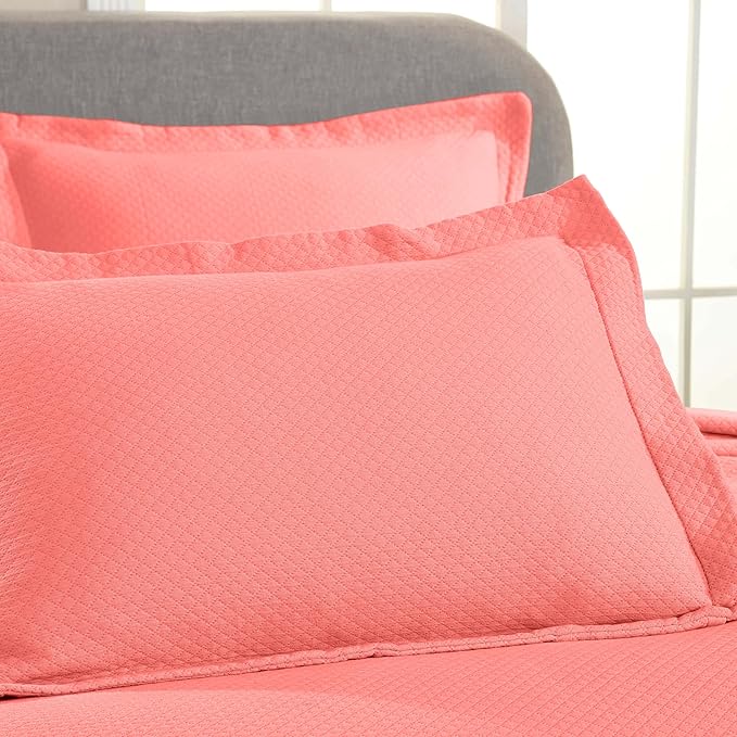 Superior Solitaire Cotton 3 Piece Bedspread Set, Home Bed Decor, Decorative Textured Bed Spread, 2 Pillow Shams, Airy Blanket, Matelasse Coverlet Bedding, All-Season Accent Blanket, King, Coral