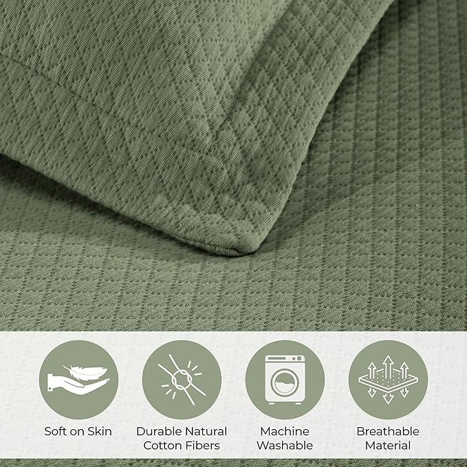 Superior Solitaire Cotton 3 Piece Bedspread Set, Home Bed Decor, Decorative Textured Bed Spread, 2 Pillow Shams, Airy Blanket, Matelasse Coverlet Bedding, All-Season Accent Blanket, Full, Sage