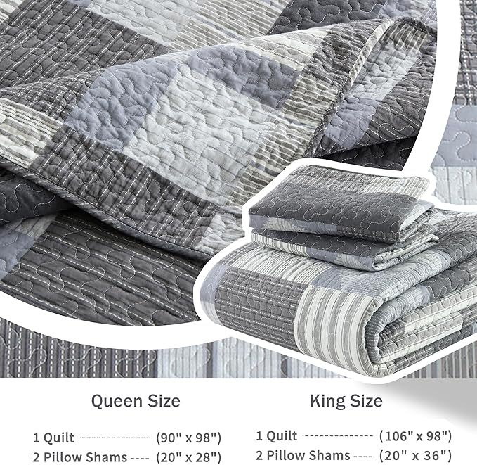 Homzard Quilt King Size - Grey Cotton Quilt Bedding Set,Gray White Plaid Comforter Set, Farmhouse Bedspread for King Size Bedding (106 * 98 Inches),3 Piece
