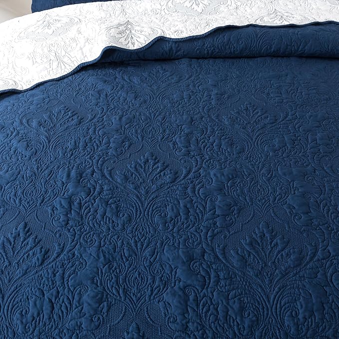 HoneiLife Quilt Sets King Size - Microfiber Bedspreads for King Bed, 3-Piece Lightweight Coverlets, Retro Bed Cover King Quilt Bedding Set All Season Quilts-Navy