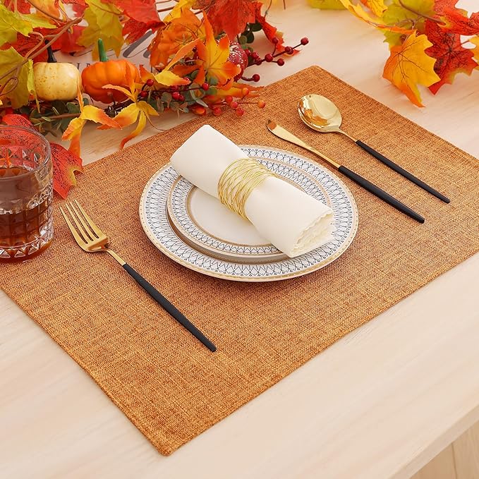 homing Orange Cloth Placemats Set of 6 – Cotton Linen Blend Washable Farmhouse Dining Table Mats for Fall & Thanksgiving, Easy to Clean, 13 x 19 Inch