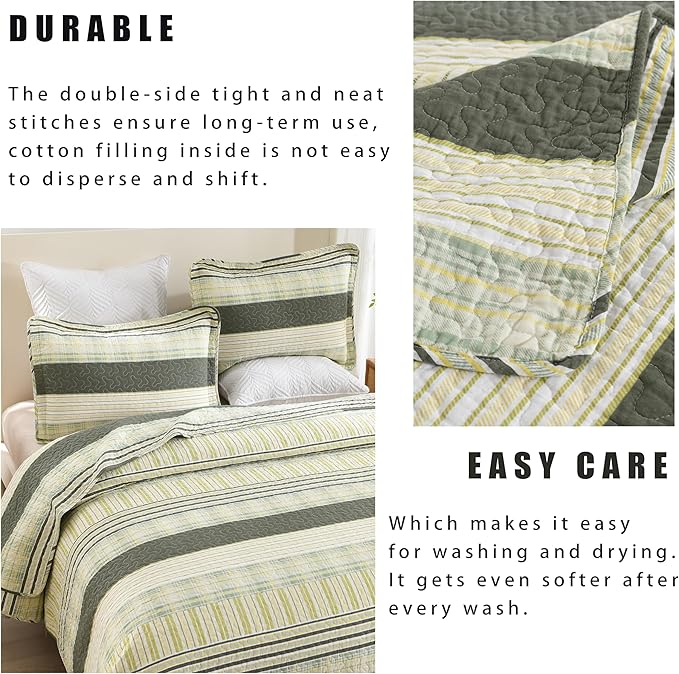 Homzard King Quilt - Cotton Comforter Set King Size, Army Green Yellow Striped Quilt Set,Olive Green Plaid Bedding Bedspread, Lightweight Farmhouse Bedding Set 3 Pieces All Season