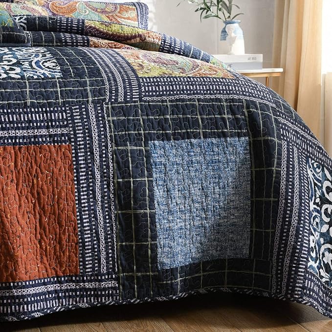 NEWLAKE Bedspread Quilt Set with Real Stitched Embroidery, Paisley Grid Pattern,King Size