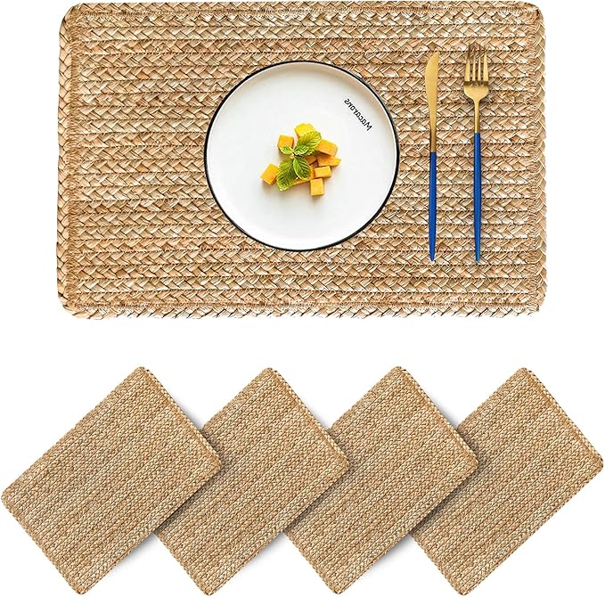 Woven Placemats Set of 4 Rattan Placemats Rectangle Natural Placemats Wicker Heavy Braided Straw Placemat Farmhouse Square Plates Place mats for Indoor/Outdoor Patio Table 17.7'' X 11.8''