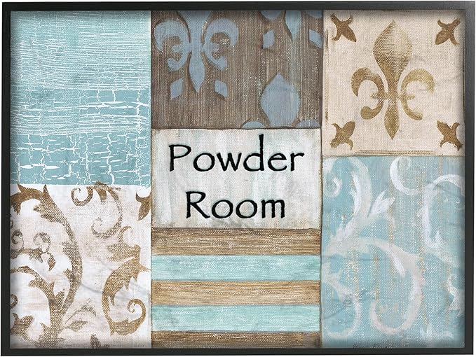 Stupell Industries Fleur de Lis Powder Room Blue, Brown and Beige Bathroom Black Framed Wall Art, 16x20, Multi-Color,wrp-930_fr_16x20
