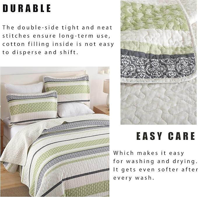 Homzard King Size Quilt,Cotton King Size Bedding Comforter Set,Sage Green Beige Grey Bedspread Set,Striped Bed Set Coverlet Lightweight Farmhouse Home Decor 3 Piece