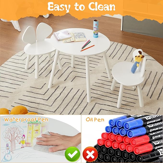 VECELO Kids Table and Chair Set, Oval Table with 2 Bunny Ear Chairs, Perfect for Toddlers Playing and Activities, Snow White