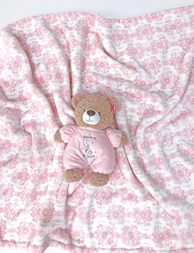 Little Me Plush 2-Ply Baby Blanket, 2 Sided Reversible, 30" x 40" (Pink Damask Print)