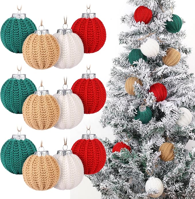 12 Pcs Handcrafted Christmas Crochet Ball Ornaments Christmas Knitted Ornaments Neutral Decoration for Xmas Tree Festival Wreath Garland Decor