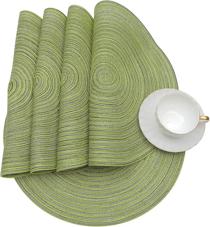 SHACOS Round Placemats Set of 8 Washable 15 inch Round Table Mats Braided Non Slip Fabric Place Mats for Dining Table Indoor (Pea Green, 8)