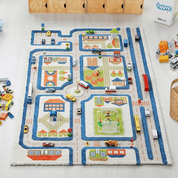 IVI 3D Play Carpets, 59 x 39 Inch, Traffic Educational Toddler Mat Rug for Bedroom, Kids Den, or Playroom, Medium