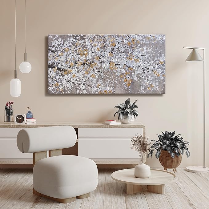 Canvas Wall Art Wall Decor Bedroom Pictures Wall Decoration Gold And White Abstract Tree Plants Artwork Wall Art Modern Painting Pictures For Living Room Home Kitchen Office 20"X40"