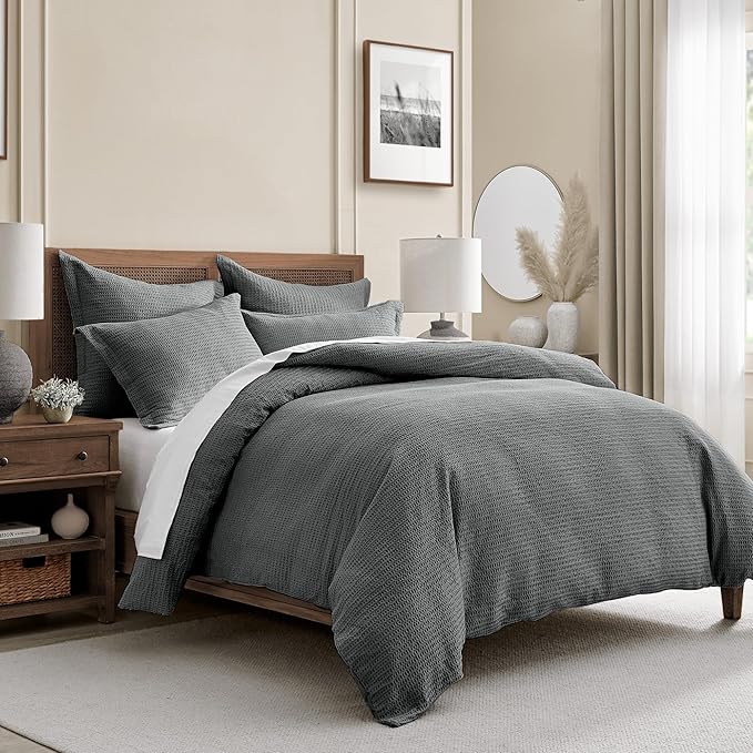 Levtex Home - Cloud Waffle Comforter Set - King Comforter + Two King Pillow Cases - Waffle Weave - Charcoal - Comforter (106 x 94in.) and Pillow Case (36 x 20in.) - Cotton