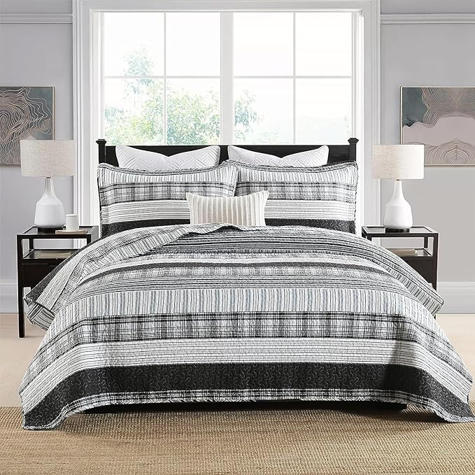 Homzard Quilts Queen Size - Black and White Queen Quilt Bedding Set, Farmhouse Grey Striped Quilt, Lightweight Reversible Comforter Bedspread Set, 3 Piece All Season 100% Cotton