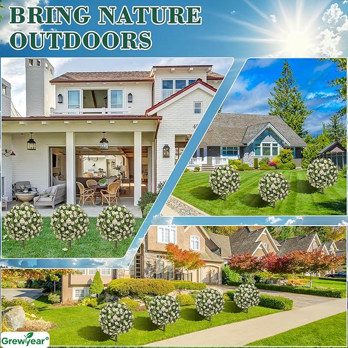Artificial Topiary Ball with Ground Spike Set of 2, Faux Boxwoods for Outdoor Planters, UV Resistant Artificial Outdoor Plants for Porch, Fake Bushes Round Flower Shrub with White Daisy