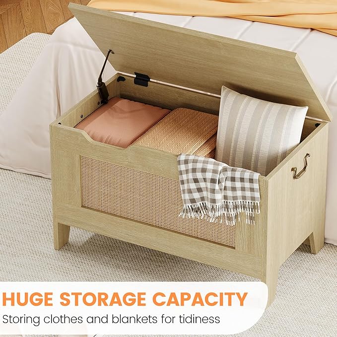 IDEALHOUSE Storage Chest, Rattan Toy Chest, 30" Wooden Storage Bench with Safety Hinge, Blanket Chest, Entryway Bench, Supports 350 lb, Storage Trunk for Living Room, Bedroom, Playroom, Natural Oak