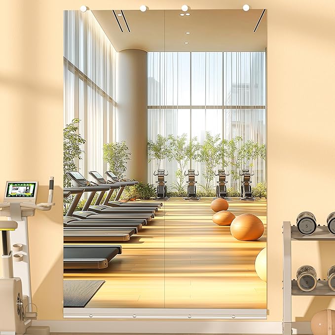 Hasipu Home Gym Mirror, 55"x17" Each, 2-Pack Frameless Wall Mounted Mirrors with Glass Clamps & Aluminum Rail, Large Body Mirror for Home Gym, Yoga Studio, Bedroom, Silver Tempered Glass
