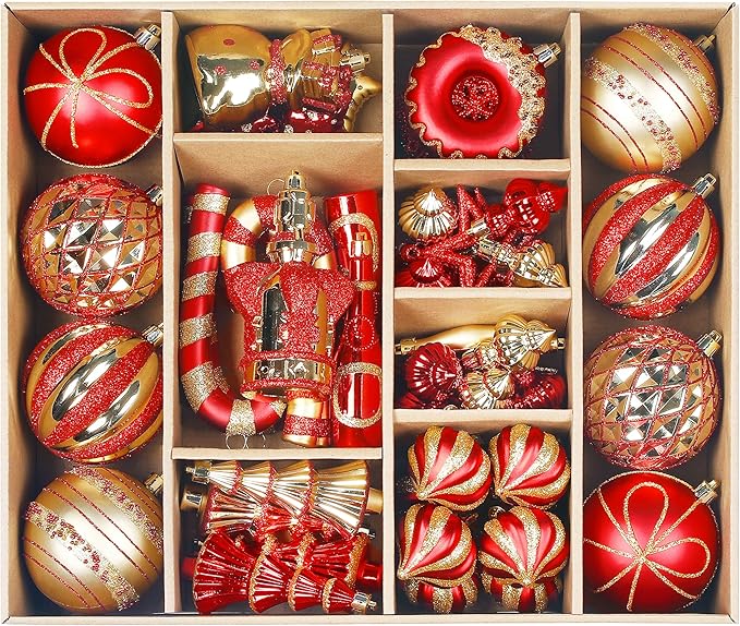 SHareconn 70pcs Christmas Balls Ornaments Set, Shatterproof Plastic Baubles, Ribbon and Tree Topper for Xmas Tree Holiday Wedding Party Decorations with Hanging Strings, Dark Red and Gold