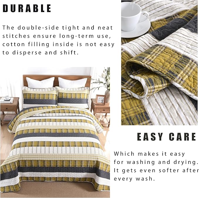 Homzard Queen Comforter Set,Cotton Quilts Queen Size,Amber Green Black Bedding,Plaid Striped Bedspread,Lightweight Reversible Coverlet 3 Pieces