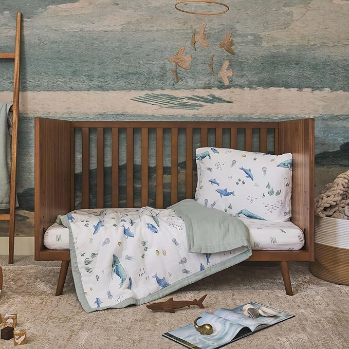 Little Unicorn Lofty Comforter Blanket | Super Soft & Breathable Muslin Fabric| Great for Play & Bedtime Blanket (Whales)