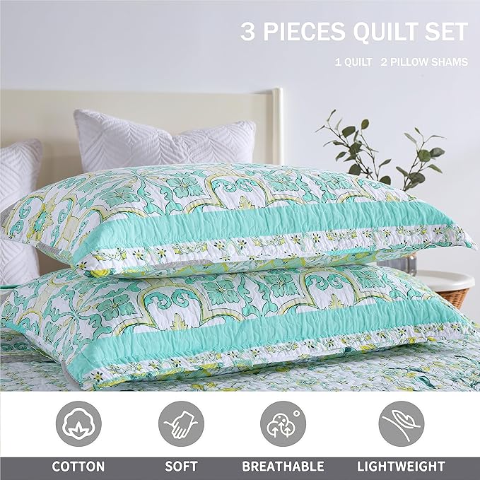 Homzard Sage Green Quilt King Size, Green Floral Quilt King,Cotton Comforter Set (106 * 98 Inches)