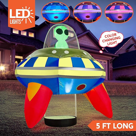 Joiedomi 5 FT Halloween Inflatable Outdoor Decoration, Inflatable Alien Decor Outdoor, Alien Blow Up with UFO Yard Decorations with Colorful LEDs for Halloween Decor