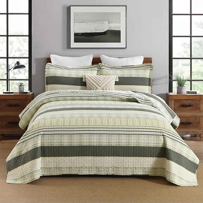 Homzard King Quilt - Cotton Comforter Set King Size, Army Green Yellow Striped Quilt Set,Olive Green Plaid Bedding Bedspread, Lightweight Farmhouse Bedding Set 3 Pieces All Season