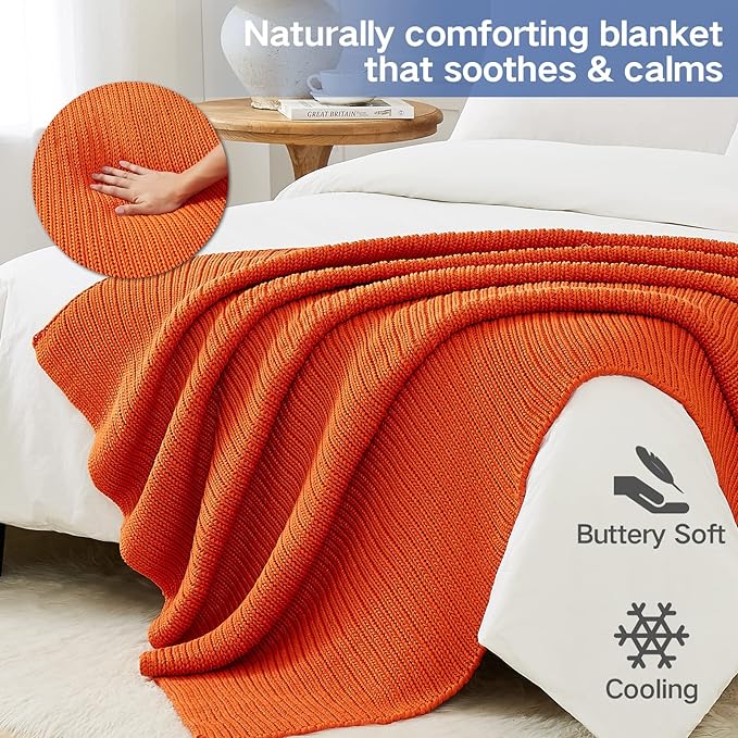 Knitted Weighted Blanket(Orange 50"x60" 10lbs),Home Décor Cooling Throw Blanket for Hot Sleepers,Hand Made Chunky Knit Heavy Blanket or Adults Use on Twin Size Bed