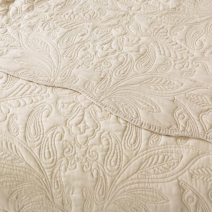 HoneiLife Quilt Set King Size - 3 Piece Embroidered Microfiber Bedspread Reversible Coverlet Lightweight Bedcover Paisley Pattern Bedding Set All Season Quilts-Khaki
