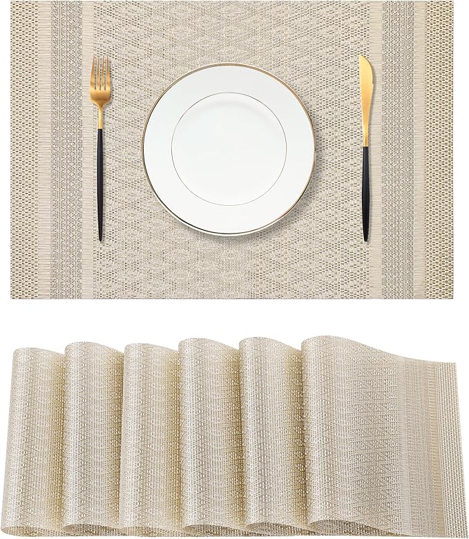 Leetaltree Stardust Yellow Placemats Set of 6 - Heat Resistant Non-Slip Place mats for Dining Table, Washable Durable PVC Vinyl Woven Table Mats(Stardust Yellow, 6)