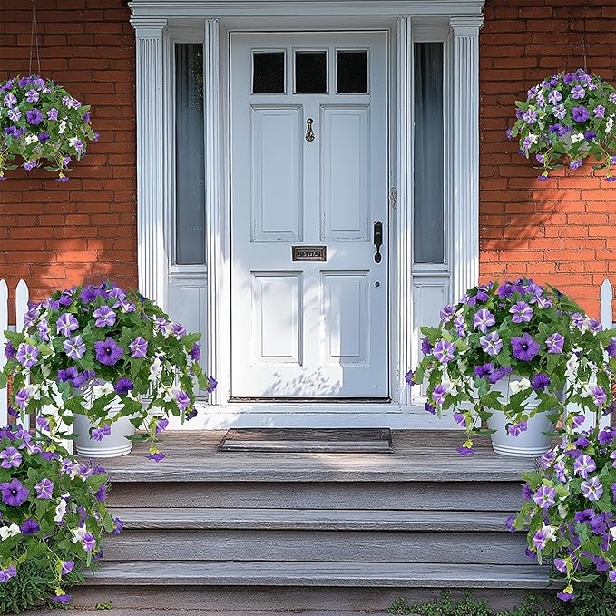 Artificial Flowers for Outdoors, 2PCS Realistic Fake Silk Petunias UV Resistant No Fade Spring Floral, Faux Flowers for Outdoor Garden Windowsill Patio Porch Home Decor, Purple White