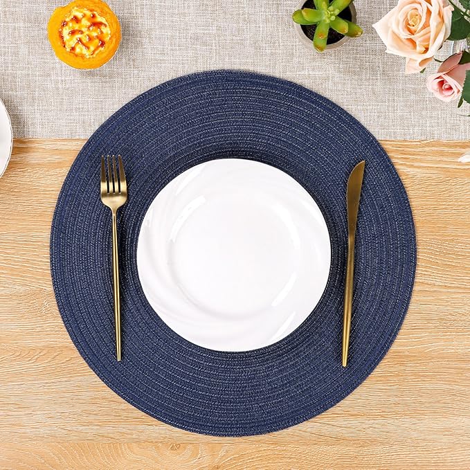 SHACOS Round Placemats Set of 4 Washable 15 inch Round Table Mats Cotton Polyester Woven Braided Place Mats for Dining Table, Navy
