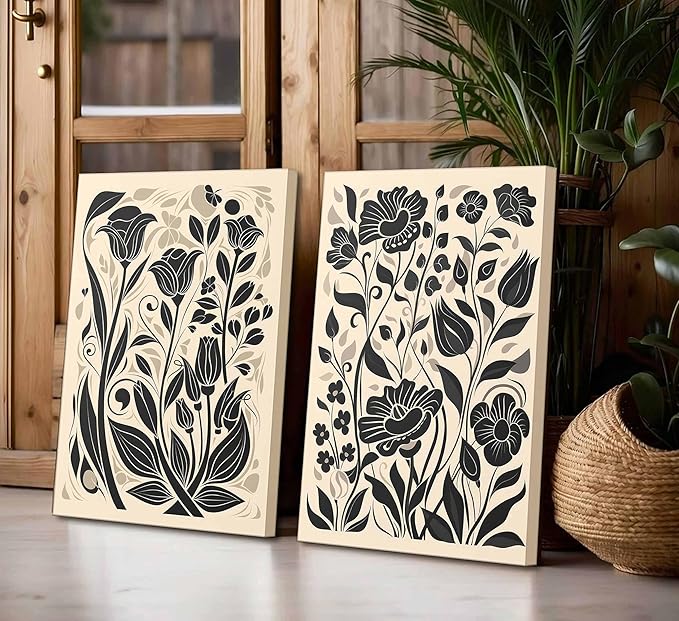 2 Pcs Boho Abstract Floral Canvas Wall Art Modern Minimalist Neutral Beige and Black Floral Botanical Wall Decor Poster Print Artwork for Living Room Bedroom Office Home Decoration