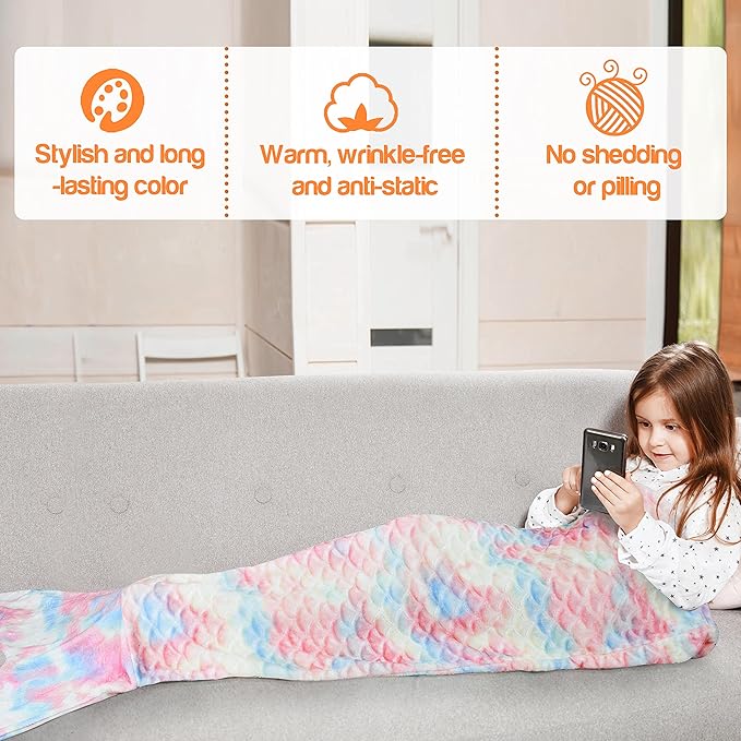 Catalonia Kids Mermaid Tail Blanket, Super Soft Plush Flannel Sleeping Snuggle Blanket for Girls, Cotton Candy, Fish Scale Pattern, Mermaid Gifts for Girls Birthday