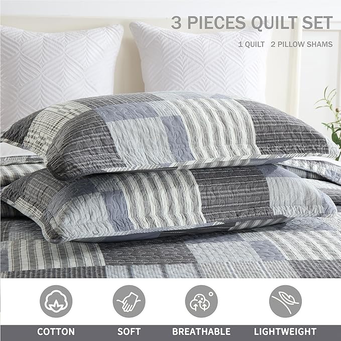 Homzard Quilt King Size - Grey Cotton Quilt Bedding Set,Gray White Plaid Comforter Set, Farmhouse Bedspread for King Size Bedding (106 * 98 Inches),3 Piece