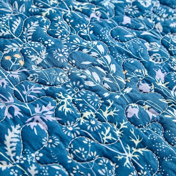 mixinni Navy Blue Quilt Set King Size, Garden Style Floral Bedding Set, 3-Piece Lightweight Quilted Bedspread Coverlet Set for All Season