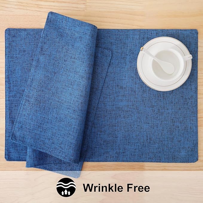 homing Navy Blue Cotton Linen Blend Placemats for Dining Table Set of 4 – Washable Farmhouse Kitchen Mats for Indoors & Outdoors, Easy to Clean, 13 x 19 Inch