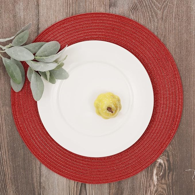 SHACOS Round Braided Placemats Set of 8 Washable 15 inch Round Table Mats Non Slip Woven Place Mats for Dining Table (Red, 8)