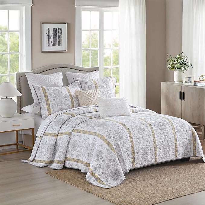 Homzard Quilts Queen Size - Cotton Comforter Set,White Grey Yellow Striped Quilt Bedspread Set,Paisley Bedding Queen Size and Two Pillow Shams