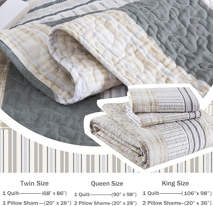 Homzard Twin Quilt, Cotton Comforter Set, Cream Grey Quilt Bedding,Reversible Lightweight Twin Bedspread,2 Pieces