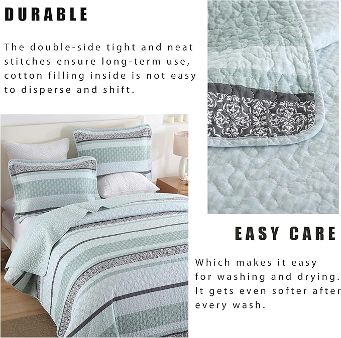 Homzard Quilts Queen Size,Cotton Queen Comforter Set,Mint Green Grey Bed Set,Striped Bedding,Lightweight Bedspreads All Season 3 Piece