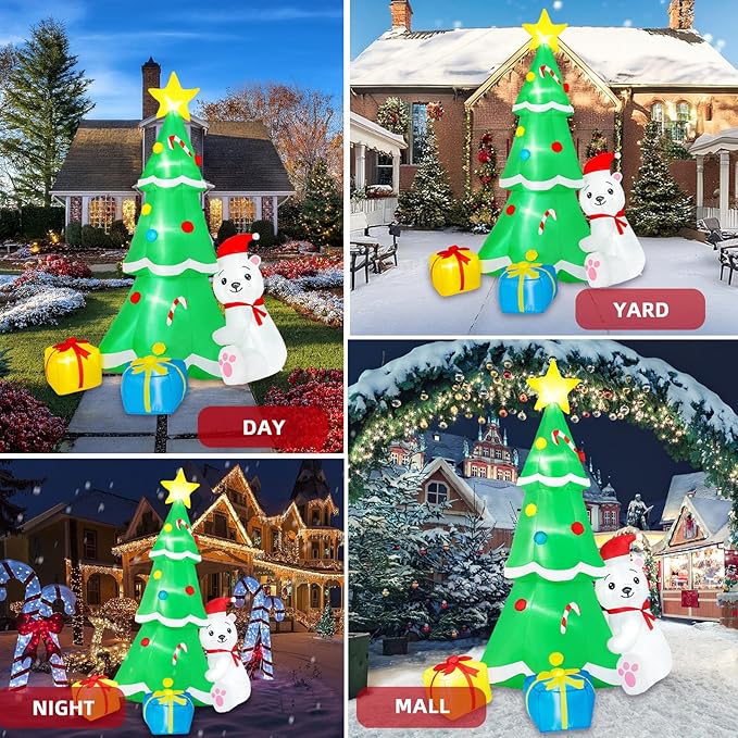 8FT Inflatable Tree Christmas Decorations Outdoor, Christmas Inflatables Polar Bear Holding Christmas Tree Built-in LEDs Blow Up Yard Decorations for Christmas Decor Garden Lawn Holiday Party