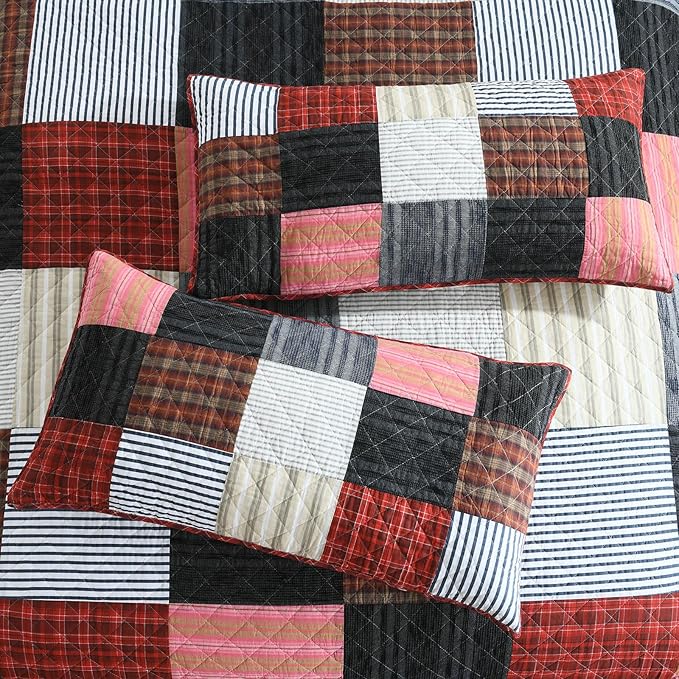 mixinni 100% Cotton Quilt Set for Queen Size Beds, Boho Patchwork Red Checkered Pattern Bedding Comforetr Set, 3-Piece Reversible Lightweight Bedspread Coverlet Set for All Season (90"x98")