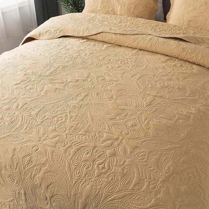 HoneiLife Queen Quilt Bedding Set - 3 Pieces Microfiber Quilt Sets Lightweight Bedspreads Reversible Coverlets Retro Bed Cover Paisley Pattern Bedding Set All Season Quilts-Yellow