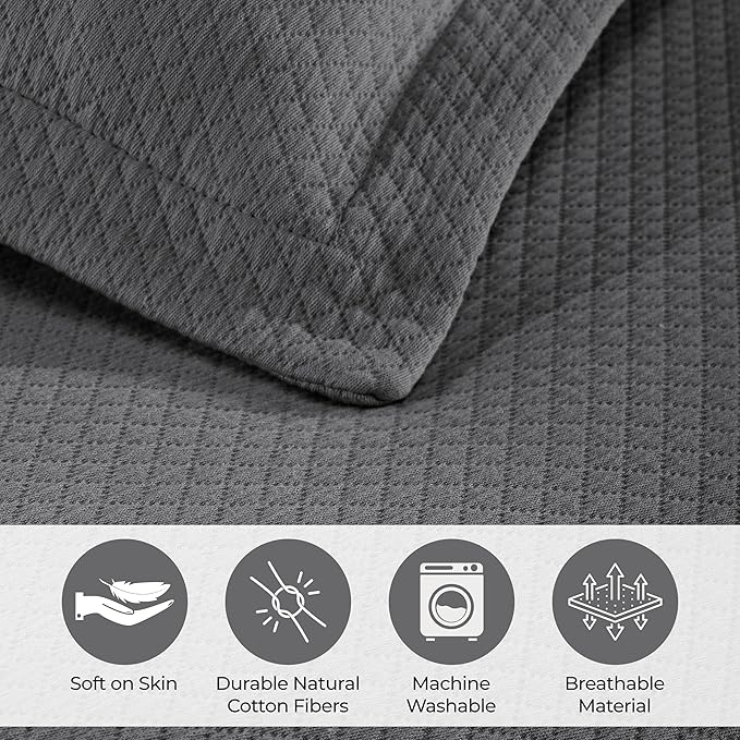 Superior Solitaire Cotton 3 Piece Bedspread Set, Home Bed Decor, Decorative Textured Bed Spread, 2 Pillow Shams, Airy Blanket, Matelasse Coverlet Bedding, All-Season Accent Blanket, Queen, Grey