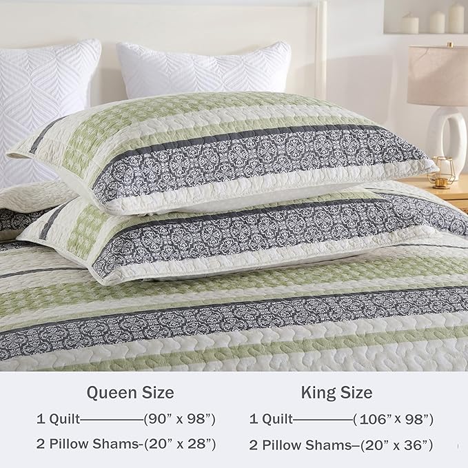 Homzard Quilts Queen Size,Cotton Queen Comforter Set,Green Beige Grey Quilt Bedspread Set,Striped Bedding,Cotton Lightweight Bed Comforter All Season 3 Piece