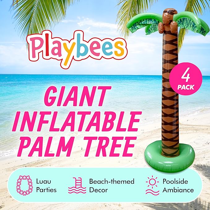 Giant Inflatable Palm Tree 6 Foot - 4PK - Beach Party Decorations for Summer Luau Themed Pool Party, Tropical Hawaiian Blow Up Palm Tree Favors - Poolside Ambiance, Easy Inflation