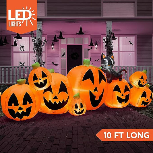 Joiedomi 10 FT Long Halloween Inflatables Outdoor Decorations, Blow Ups Inflatable Pumpkin for Yard with Witch's Cat, 8 Pcs Blow Up Pumpkin Decor for Halloween Decorations Outside
