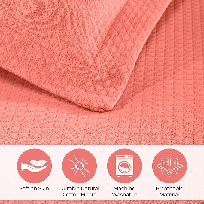 Superior Solitaire Cotton 3 Piece Bedspread Set, Home Bed Decor, Decorative Textured Bed Spread, 2 Pillow Shams, Airy Blanket, Matelasse Coverlet Bedding, All-Season Accent Blanket, King, Coral